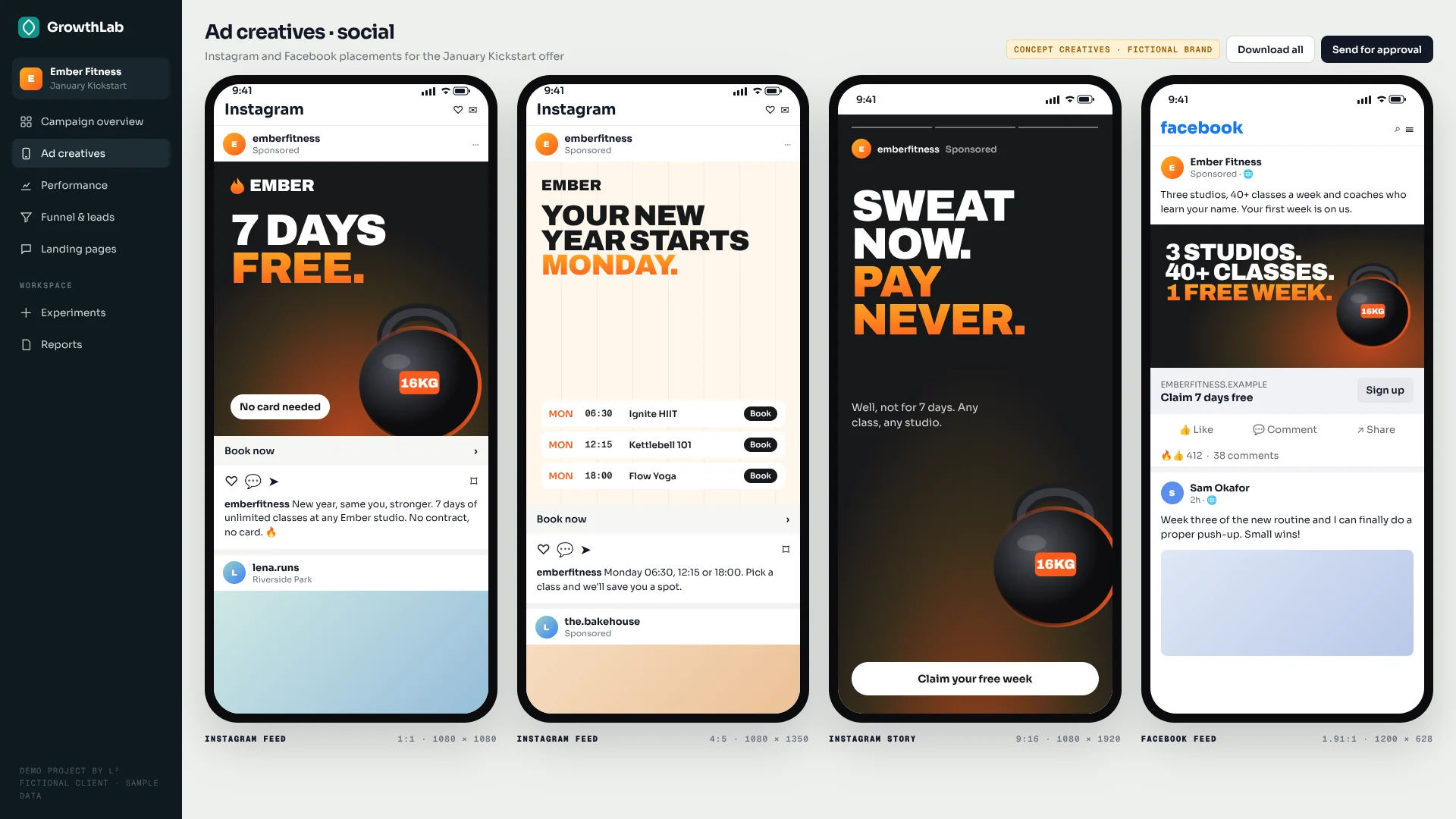 Four phone mockups showing Instagram and Facebook ads for a free week at Ember Fitness.