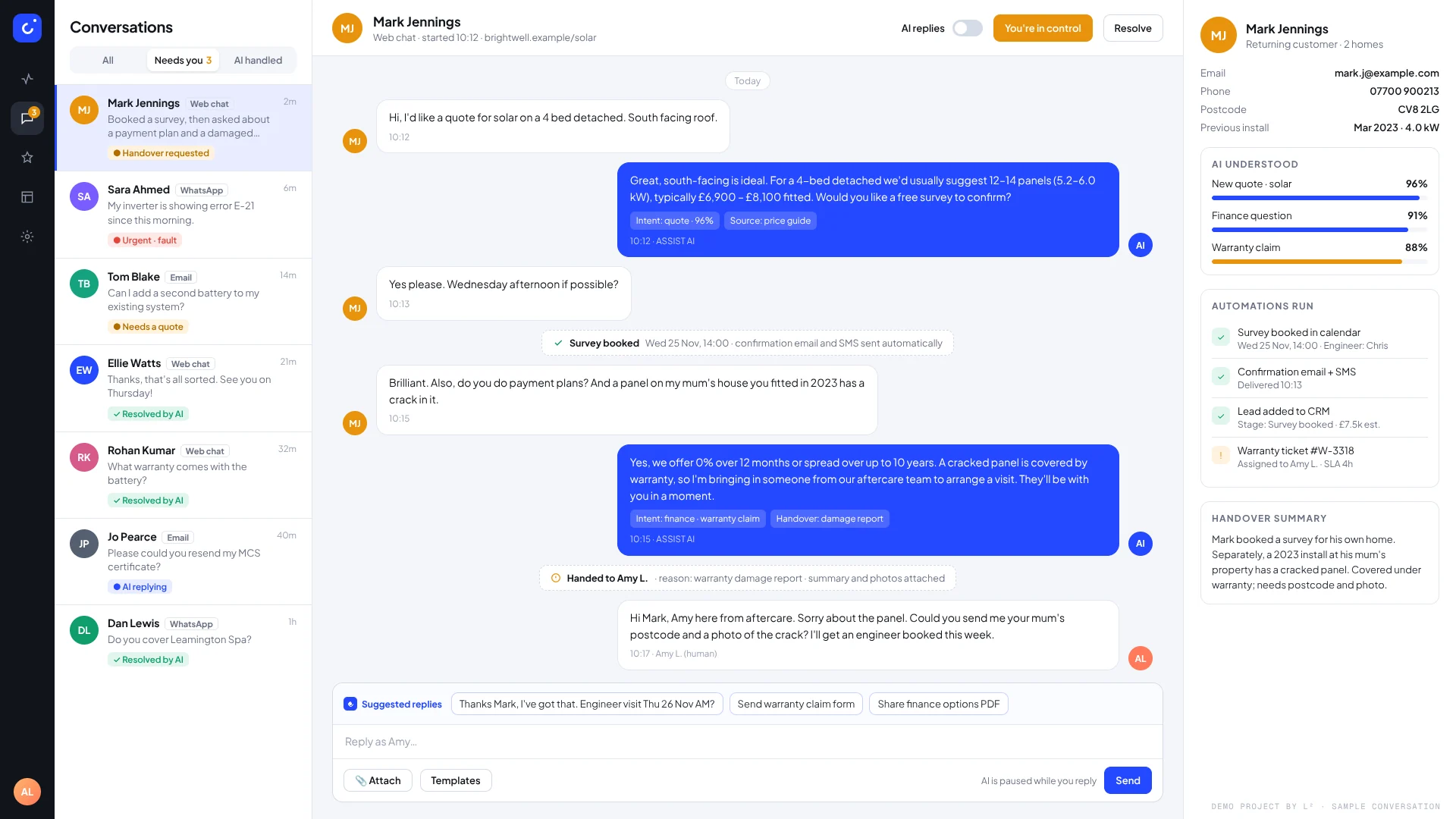 Support conversation where the AI books a survey, then hands a warranty question to a human agent.