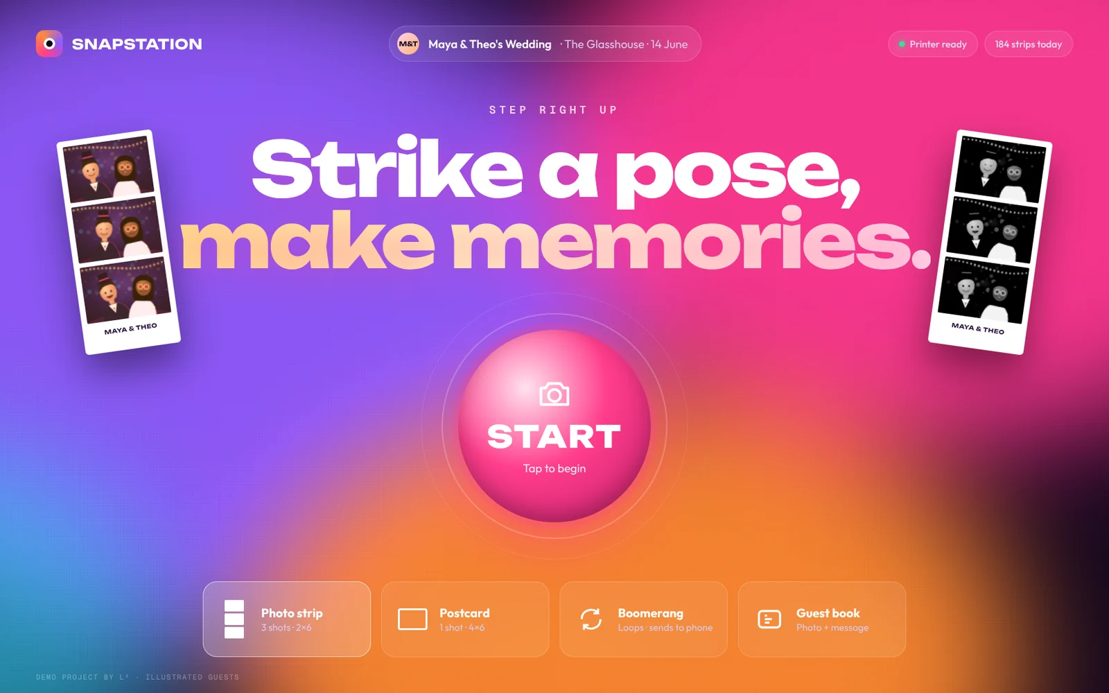 Photo booth welcome screen with a glowing pink START button and the headline "Strike a pose, make memories."