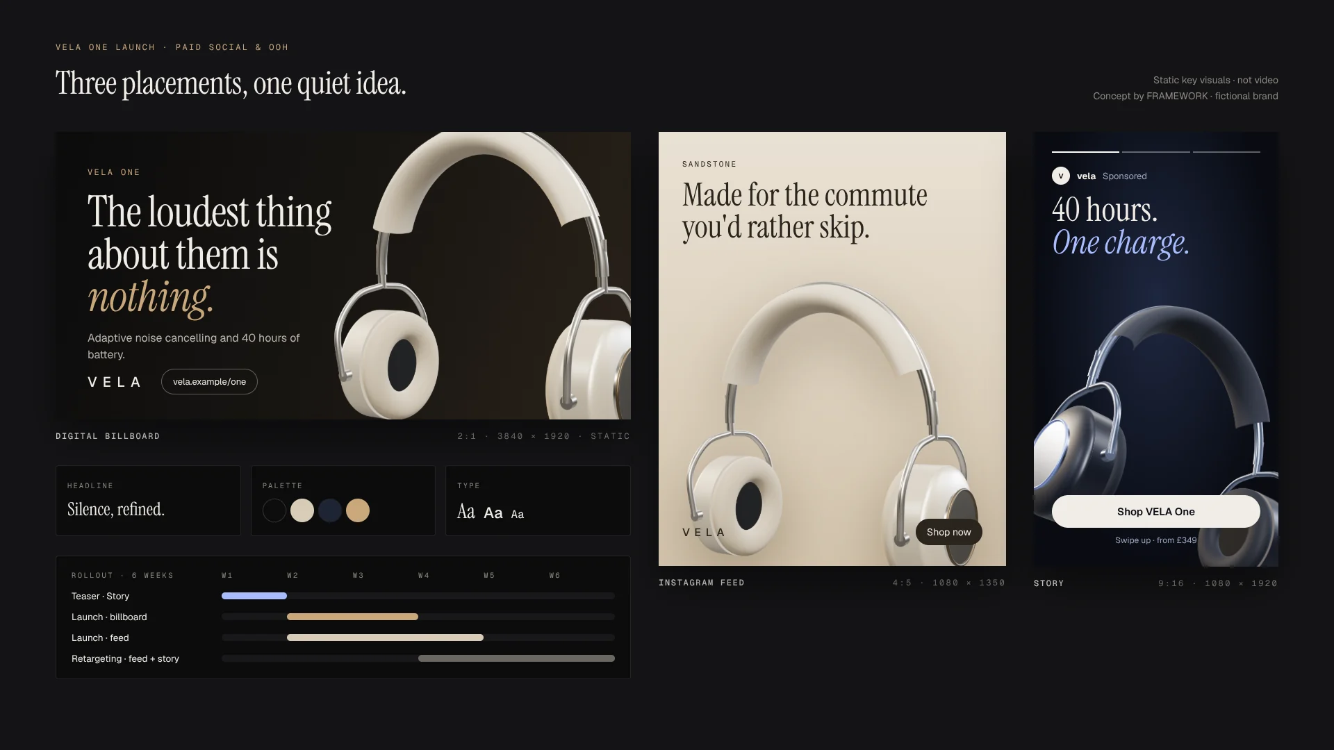 Three static ads for VELA One: a billboard, an Instagram feed post and a Story.