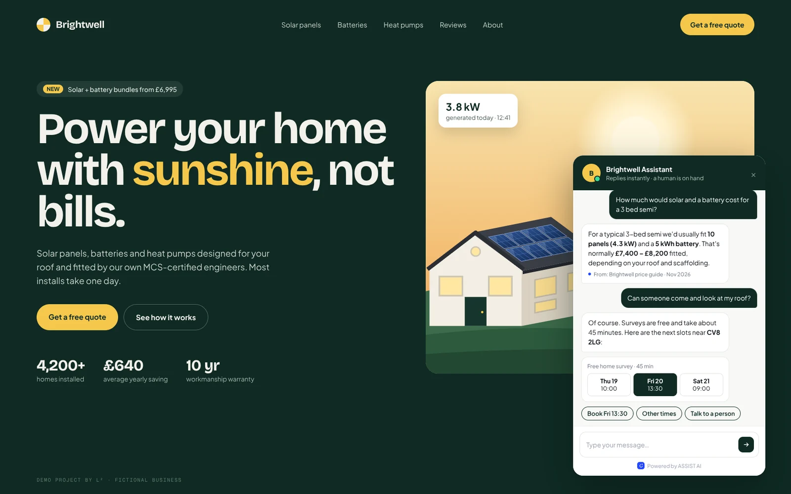 Solar company homepage with an open chat assistant offering survey time slots.
