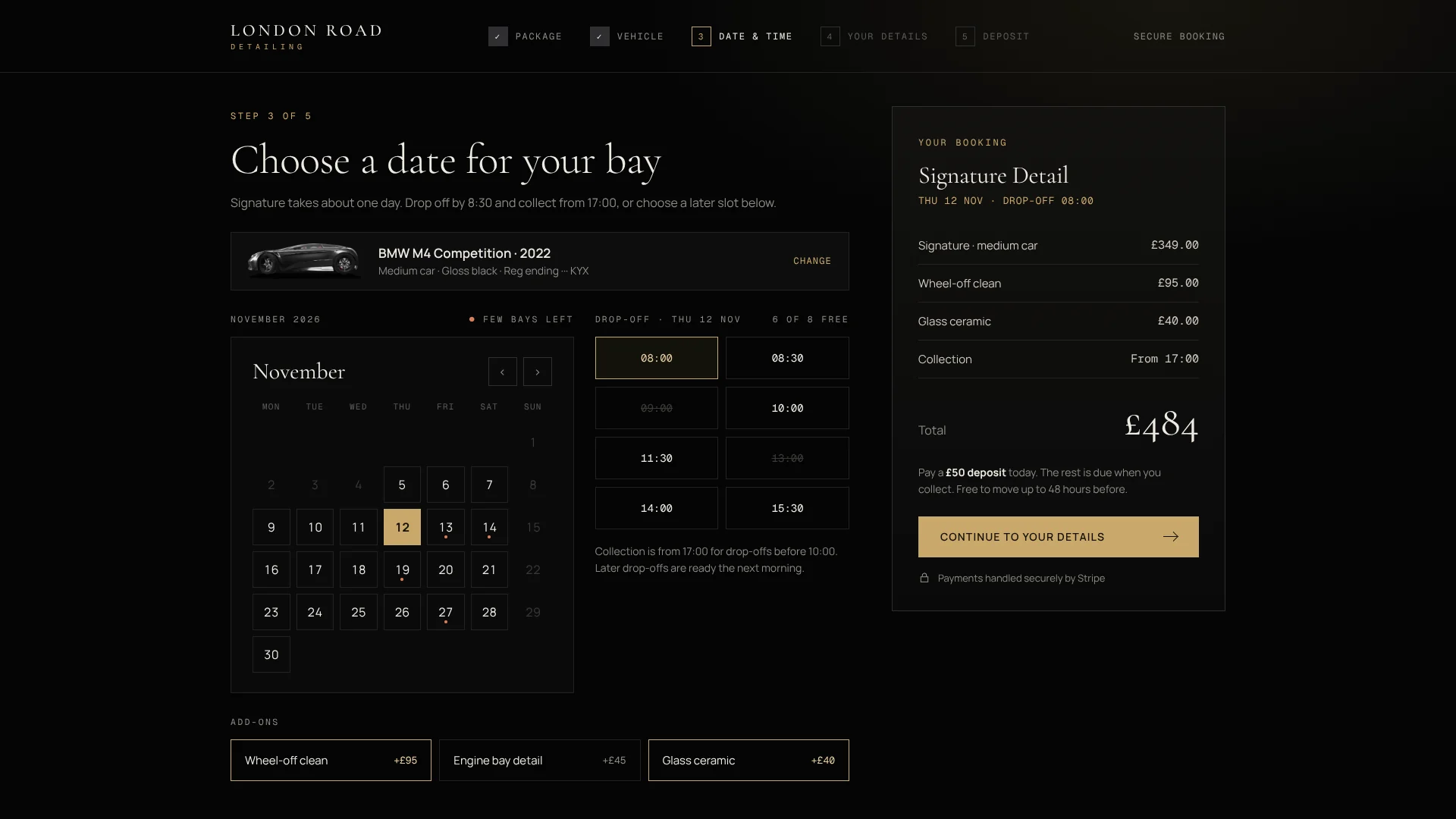 Booking screen showing a November calendar, drop-off time slots, add-ons and a £484 booking summary.