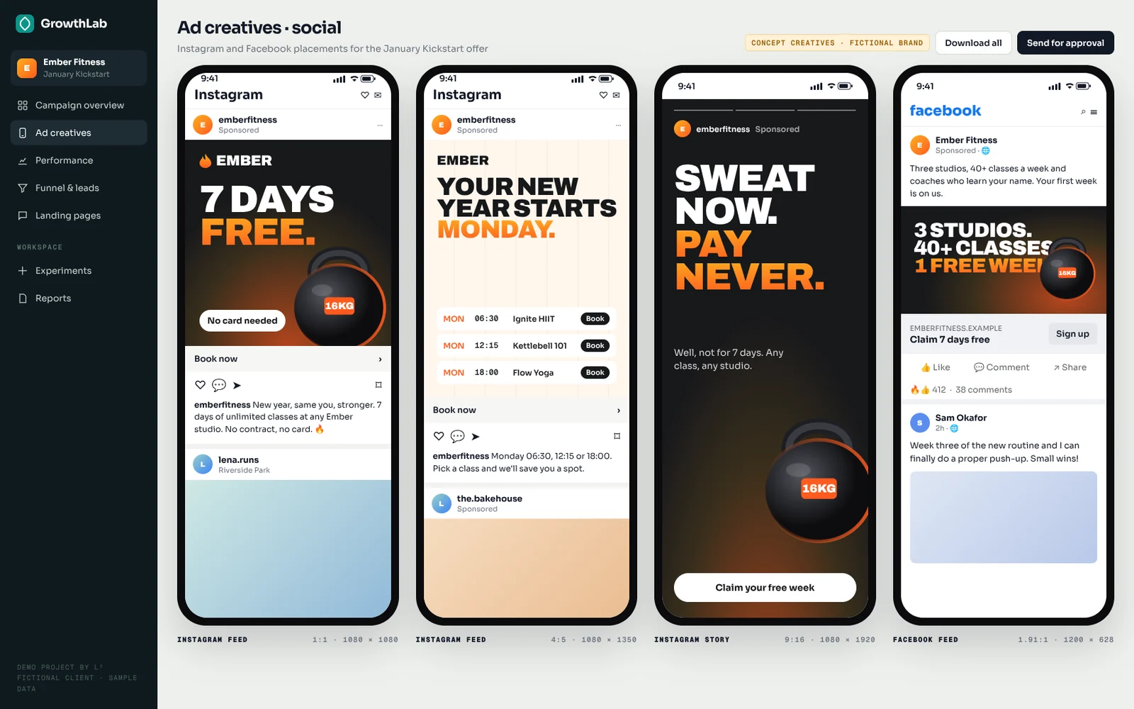 Campaign overview with brief, lead funnel, budget split, landing page preview and Google search ad.