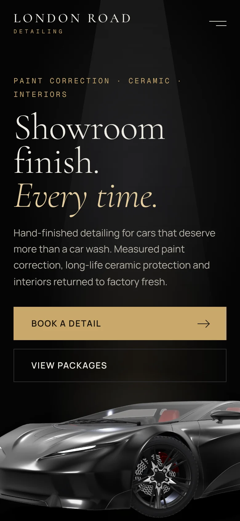 Mobile homepage with stacked headline, booking buttons and the car below.