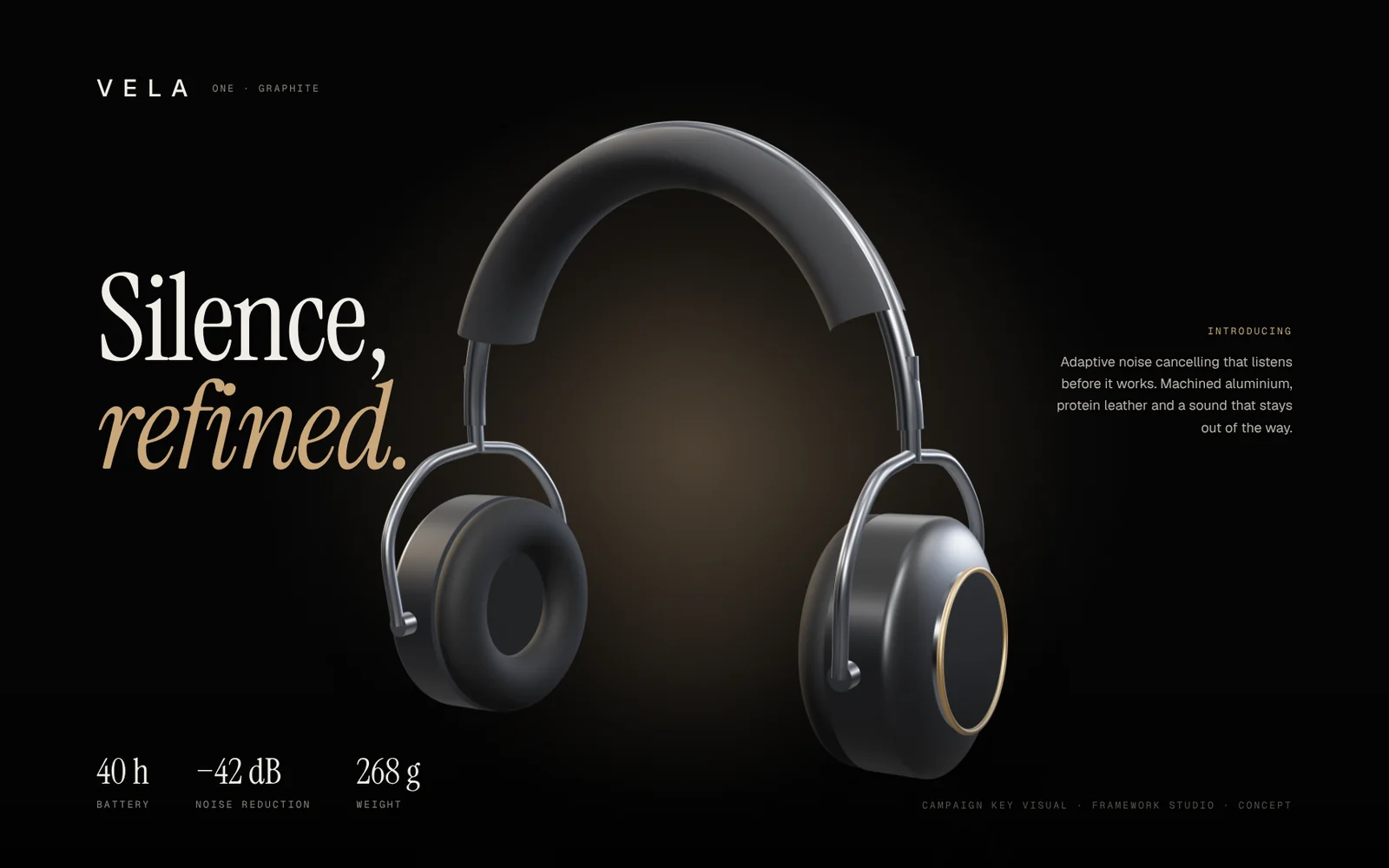 Graphite headphones under a warm studio light beside the headline "Silence, refined."