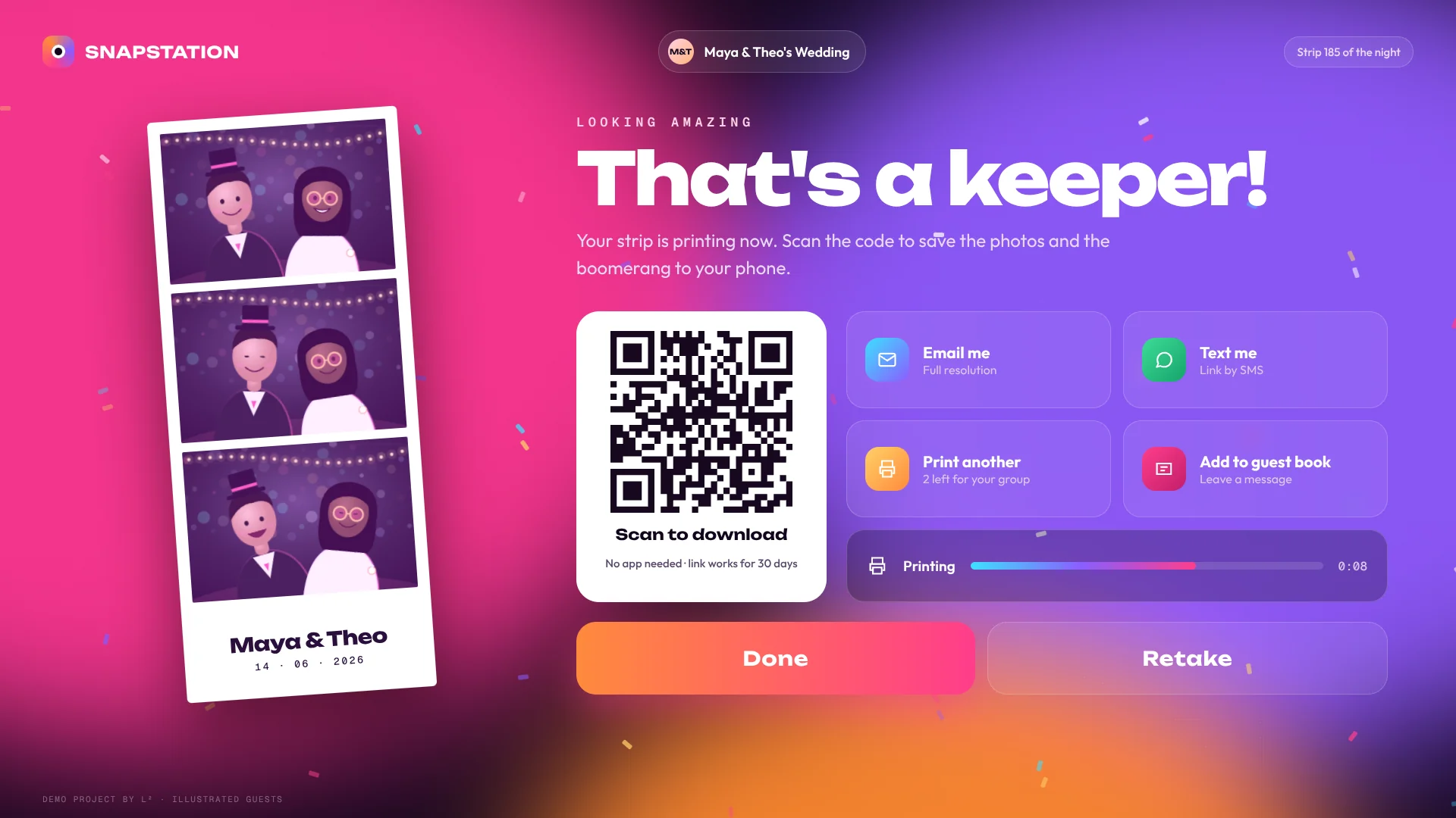 Finished photo strip next to a QR code and options to email, text or print another copy.