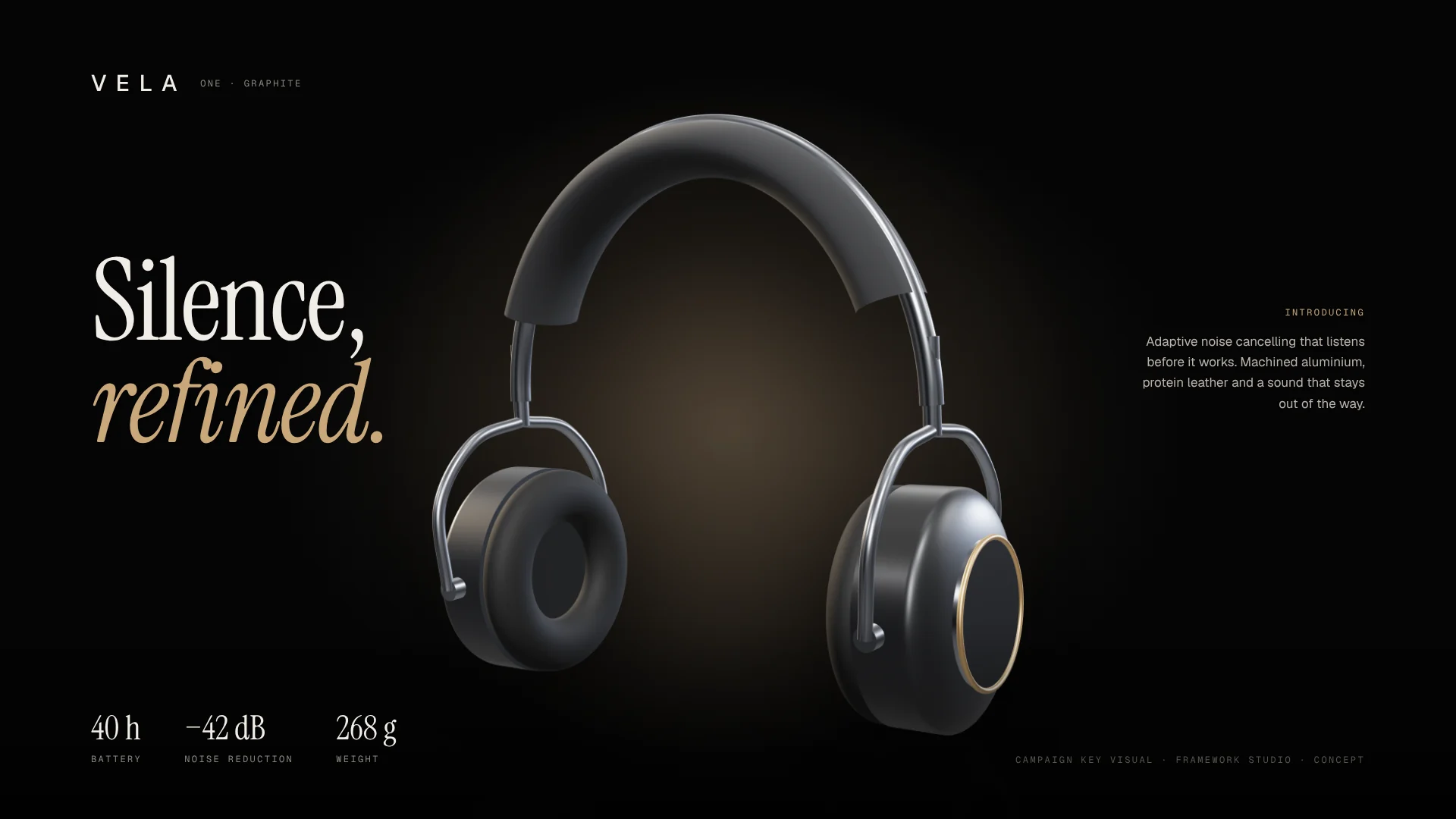 Graphite headphones under a warm studio light beside the headline "Silence, refined."