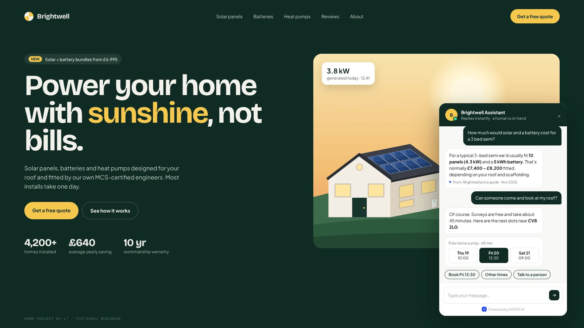 Solar company homepage with an open chat assistant offering survey time slots.